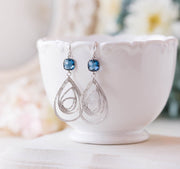Navy Blue Earrings, Silver Filigree sapphire Glass crystal, September birthstone, Wedding Bridal Earrings, Bridesmaid Gift, Gift for her